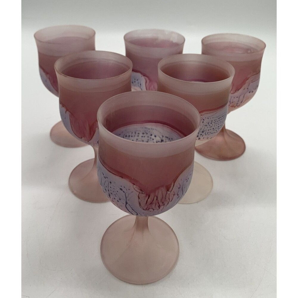 Set of 6 SCHOTT ZWIESEL Germany Frosted Art Drip Wine Glasses Pink 5"